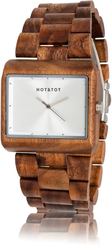 HOT&TOT | Horizon - Houten horloge voor heren - Vierkant - 40mm - Acacia hout - Zilver - Bruin