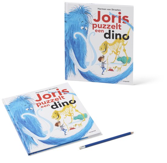 Twee versies van het boek 'Joris puzzelt een dino'. Eén liggend met een potlood ernaast. Voorplaat met blauw monster, jongen, dino skelet en neushoorn.