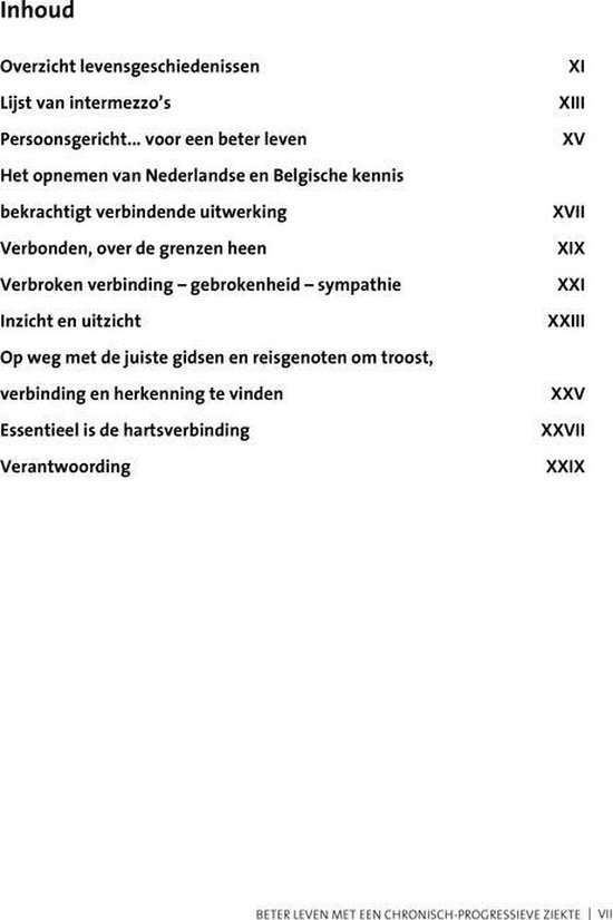 Boekpagina met inhoudsopgave voor "Beter leven met een chronisch-progressieve ziekte". Tekst in het Nederlands.