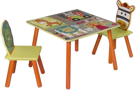 alleen vooroordeel Wie Kindertafel en stoeltjes van hout - 1 tafel en 2 stoelen voor kinderen -  Jungle thema... | bol.com
