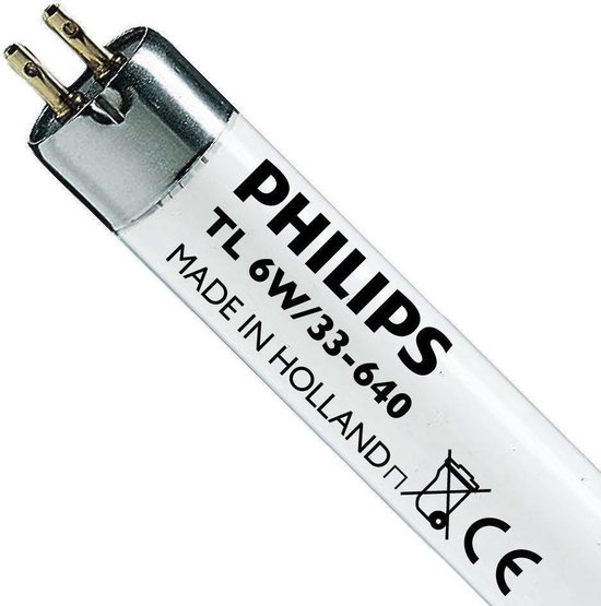 Philips TL 6W/33-640 lamp, Made in Holland, met metalen fitting.