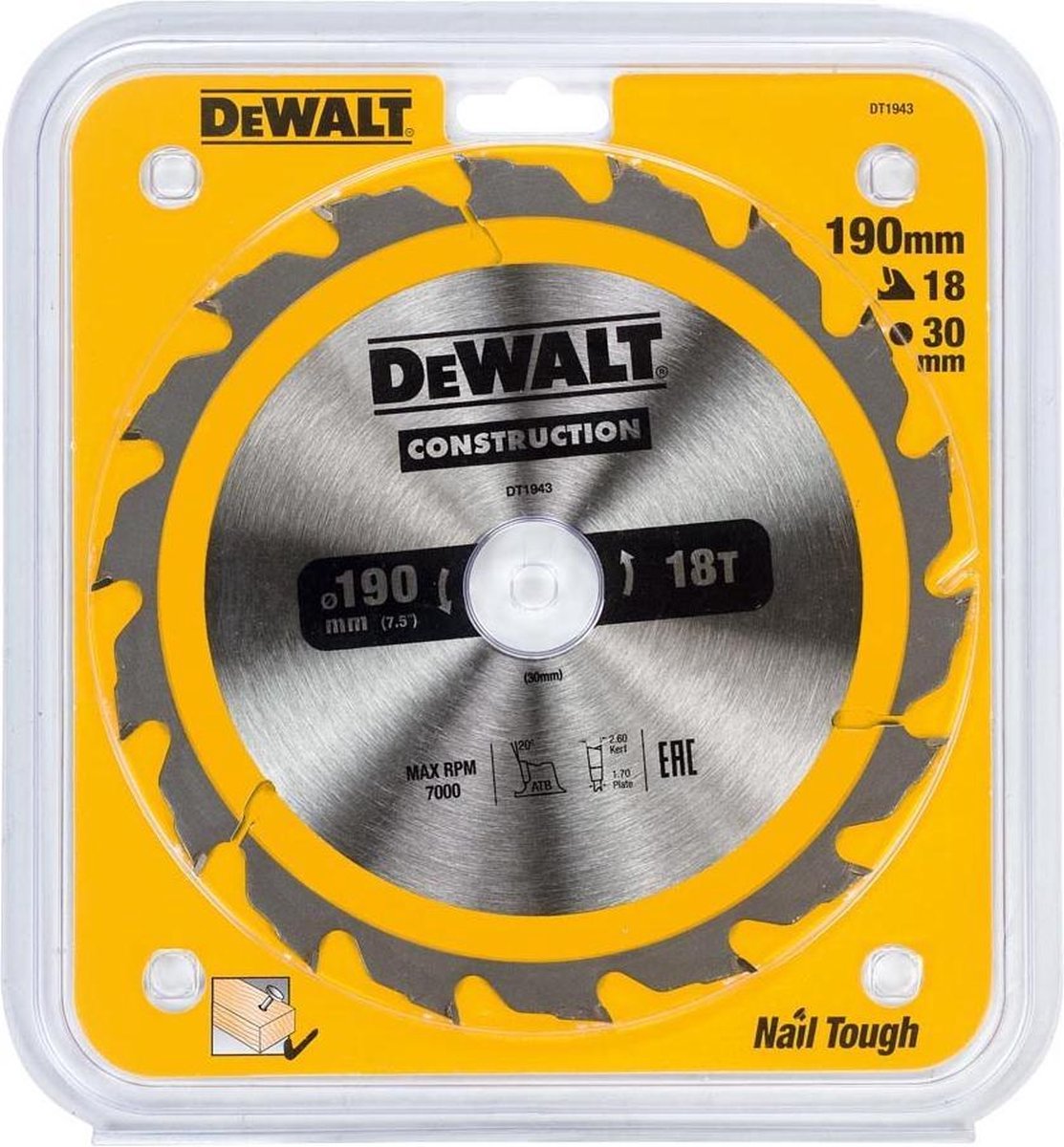 DeWALT DT1943-QZ - Cirkelzaagblad - 190mm - 30mm Asdiameter - 18 Tanden