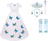 Prinsessenjurk witte verkleedjurk met vlinders + accessoires maat 104/110 (110) - Verkleedkleding kind