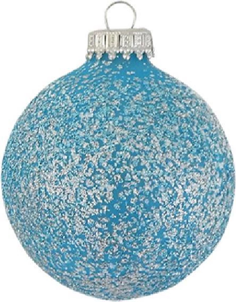 Hippe Glazen Kerstballen 7 cm met lichtblauwe glitters - doosje van 4