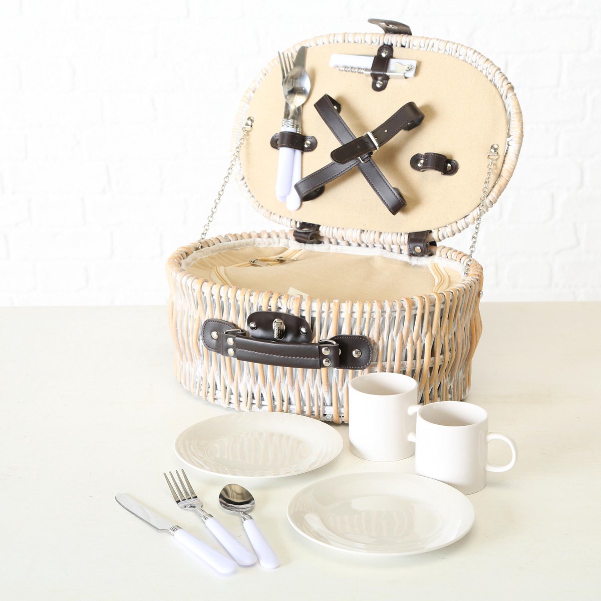 Picknickmand - 12delen - voor 2 personen - 38x16x28cm - Biege.