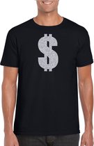 Zilveren dollar / Gangster verkleed t-shirt / kleding - zwart - voor heren - Verkleedkleding / carnaval / outfit / gangsters L