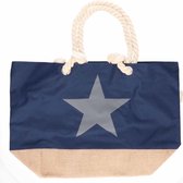 Marine blauwe strandtas met grijze ster 55 cm - Strandtassen/schoudertassen - Shoppers/zomer tassen