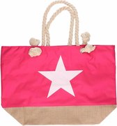 Fuchsia strandtas met witte ster 55 cm - Strandtassen/schoudertassen roze - Shoppers/zomer tassen