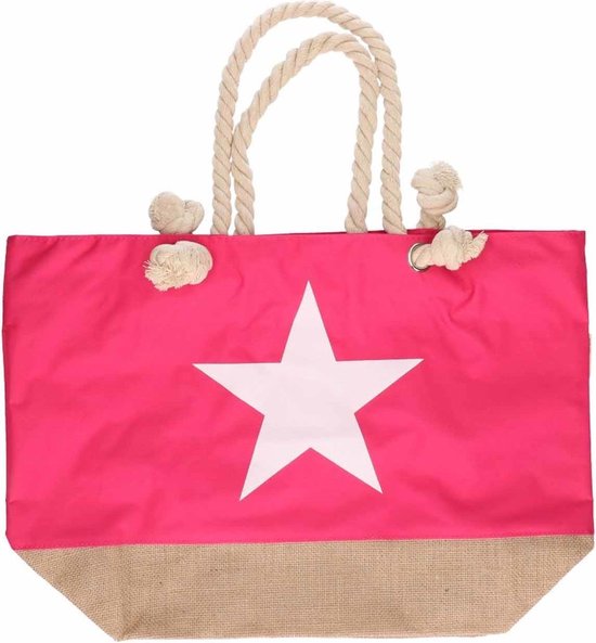 Fuchsia strandtas met witte ster 55 cm - Strandtassen/schoudertassen roze - Shoppers/zomer tassen