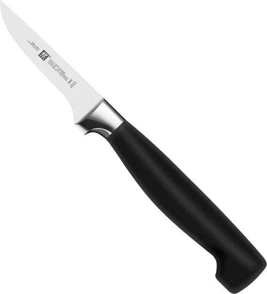Klein mes met zwart handvat en een metalen kraag.