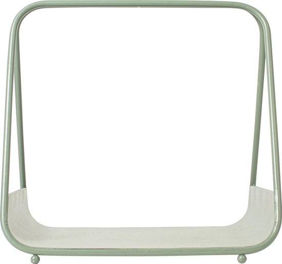 Groen metalen plateau met handvat en ronde pootjes, lege weergave.