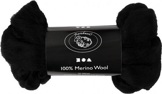 Merino wol, 21 micron, zwart, 100 gr - Creotime
