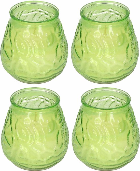 4x Windlicht geurkaars citronella tegen muggen groen glas - Geurkaarsen citrus geur - Glazen lantaarn - Anti-muggen citronella