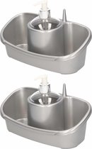 2x Sponsbakjes met zeep pompje/dispenser zilver - 26 cm - Zeeppompjes/zeepdispensers - Badkamer, toilet en keuken