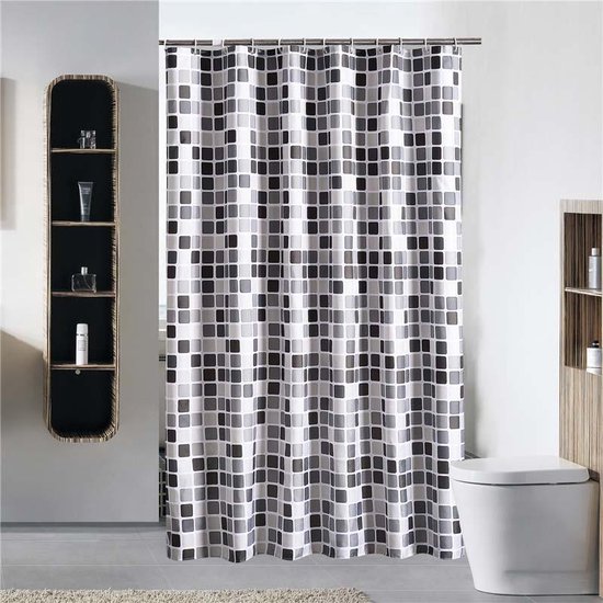Sandesen® Douchegordijn Zwart wit grijze tegels 80x180cm Ringen