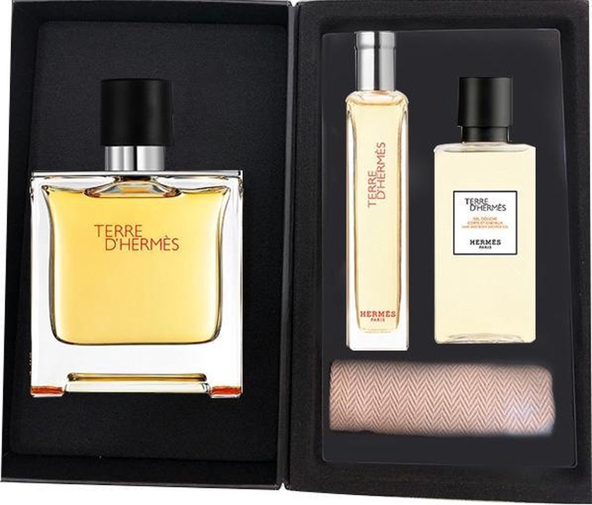 Hermès Terre d'Hermès Giftset - 75 ml pure parfum spray + 15 ml pure parfum tasspray + 40 ml showergel + tasje - cadeauset voor heren - Hermès
