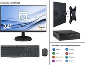 Mini PC met 24 inch monitor, draadloze muis en toetsenbord - 4GB RAM - 128GB SSD - Geluidloos - Intel Quad Core CPU - incl. Win10 Pro, virusbeveiliging en Office 2019 Pro (verloopt