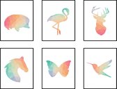 Postercity - Design Canvas Poster Set Geometrische Egel Hert Vlinder Flamingo Paard en Kolibri - Specht / Kinderkamer / Dieren Poster / Babykamer - Kinderposter / Babyshower Cadeau / Muurdecoratie / 70 x 50cm