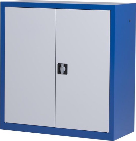 Blauwe metalen kast met twee grijze deuren en een centrale handgreep.