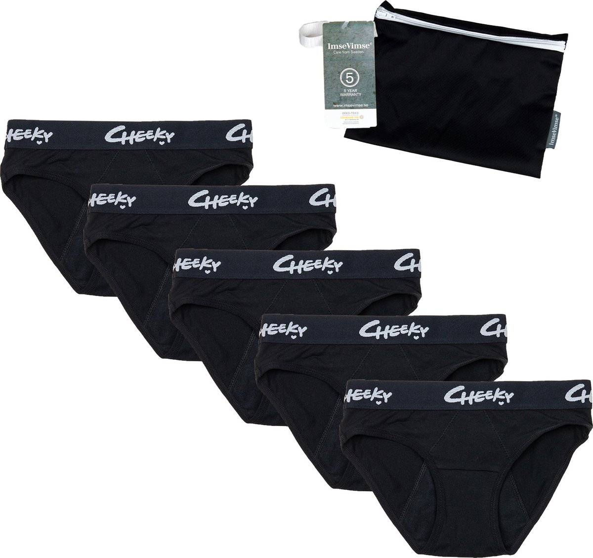 Cheeky Pants Feeling Cheeky Hipster Set van 5 + Wetbag - zwart - Absorberend - Veilig - Comfortabel