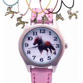 Horloge-Paard-Licht Roze-Leer-Met Paard Ketting-Extra Batterij-Charme Bijoux