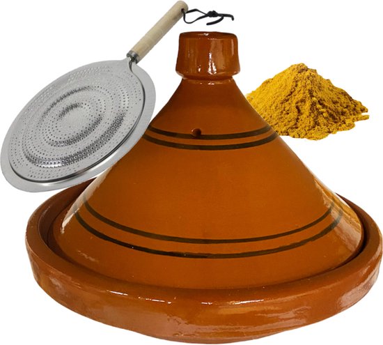 Marokkaanse authentieke aardewerk tajine 35 cm + Kruiden en vlamverdeler - cadeaupakket