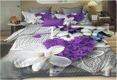 Dekbedovertrek katoensatijn 200x220 4 delig 4 stijlen met paarse en witte bloemen en mooie blauwe vlinder