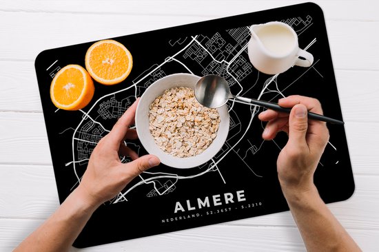 Placemat - Placemats kunststof - Almere - Kaart - Zwart - 45x30 cm - 6 stuks - Hittebestendig - Anti-Slip - Onderlegger - Afneembaar