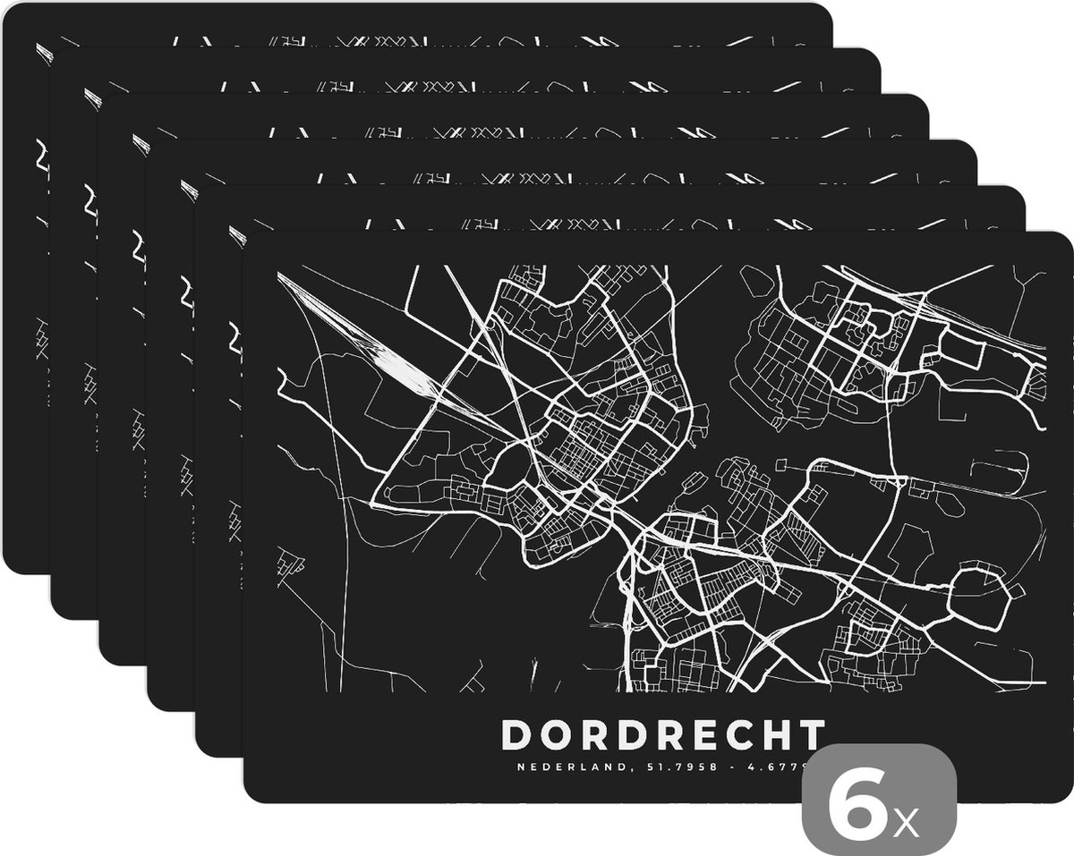 Placemat - Placemats kunststof - Kaart - Dordrecht - Zwart - 45x30 cm - 6 stuks - Hittebestendig - Anti-Slip - Onderlegger - Afneembaar