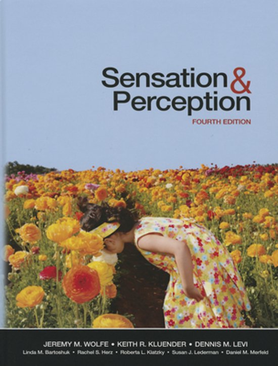 Een jong meisje in een bloemenjurk ruikt aan een bloem in een veld met veel kleurrijke bloemen. Titel: Sensation & Perception.