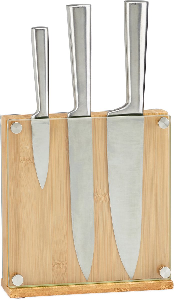bamboe messenblok - voor 8 messen - vierkant - met glas - 20 x 20 cm - leeg