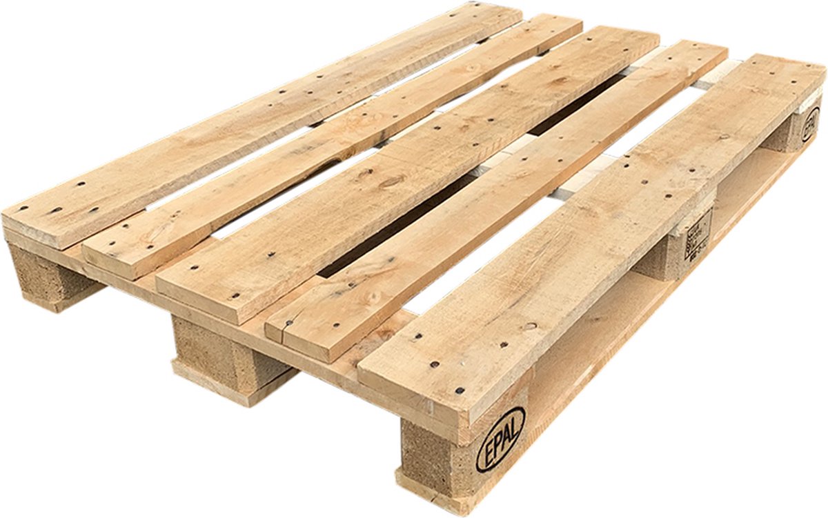 Europallet van 80x120 cm in hout, geschikt voor palletbanken of palletbedden, met EPAL / UIC-merk.