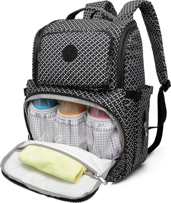 Bagwise - Luiertas - Rugzak - Verzorgingstas - Baby Rug Tas - Diaper Backpack - Unisex - Crinkle Nylon - 25 LT - Zwart/Wit