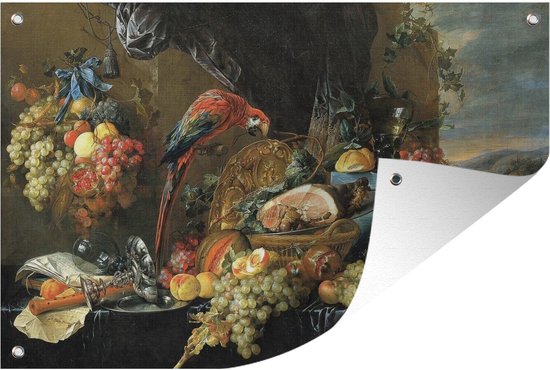 Tuinposters buiten Een rijk gedekte tafel met papegaaien - schilderij van Jan Davidsz de Heem - 90x60 cm - Tuindoek - Buitenposter