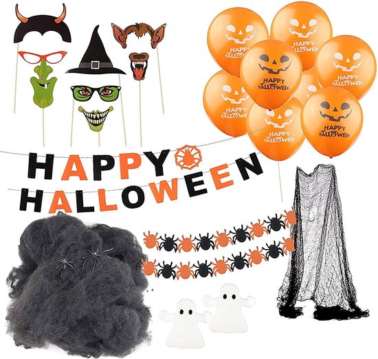 Selwo Halloween-decoratie, griezel-decoratieset met meer dan 30 onderdelen, guirlande, wimpelslinger, ballon, spinnenweb met spinnen, geesten, voor decoratie van huis, tafel en tuin