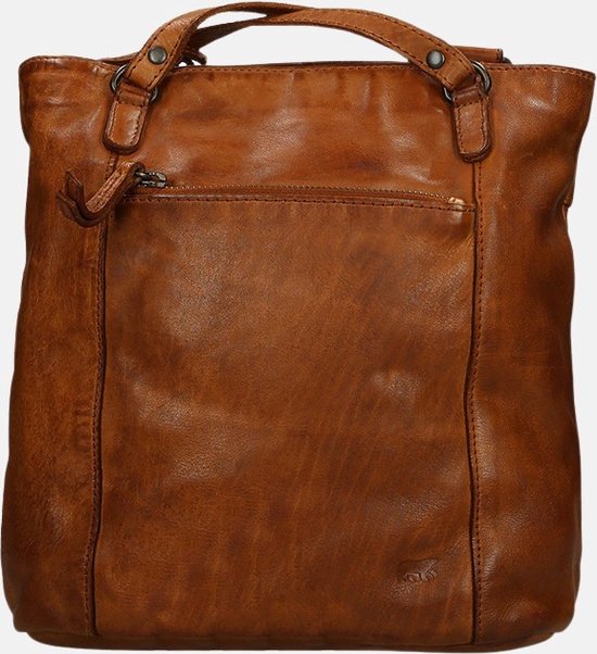 Sac à bandoulière en cuir marron avec fermeture éclair et poignées, de face.