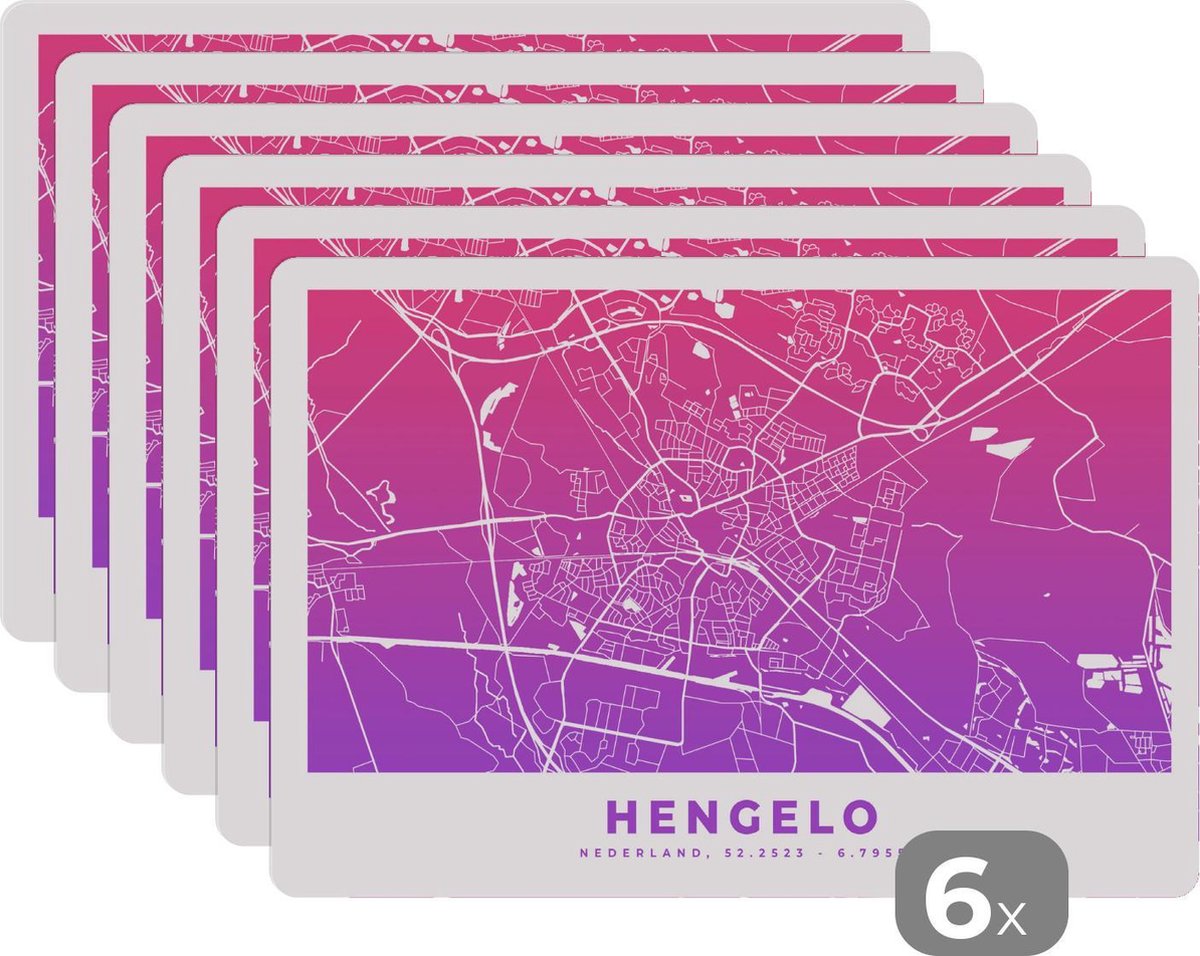 Placemat - Placemats kunststof - Stadskaart - Hengelo - Paars - 45x30 cm - 6 stuks - Hittebestendig - Anti-Slip - Onderlegger - Afneembaar
