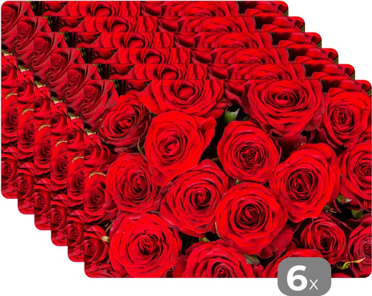 Placemat - Placemats kunststof - Rozen - Rood - Boeket - 45x30 cm - 6 stuks - Hittebestendig - Anti-Slip - Onderlegger - Afneembaar