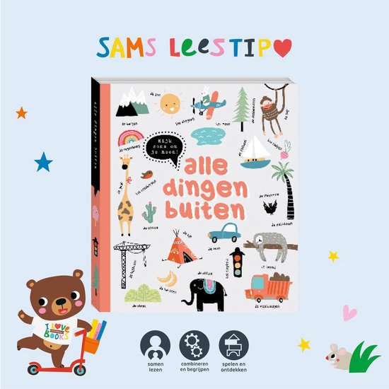 Boekomslag met een rennende beer met boodschap 'I LOVE BOOKS' en illustraties van een vliegtuig, boot en olifant.
