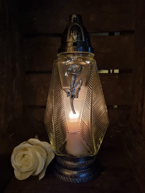 Lumière commémorative - R418c - Calla - Argent - Bougie tombale - Lumière tombale - Lanterne funéraire - Décoration de tombe - Lumière du vent