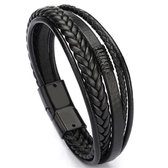 Armband Heren - Zwarte Armband - Leer - Snoer - Armband Man - 20 cm - RVS sluiting - Vintage