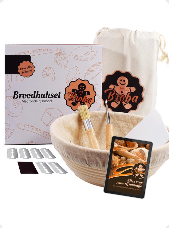 Broba Rijsmandje Brood Bakken Set – Incl. RVS Deegmesje en Deegschraper en Broodzak – Lame – Deegsteker - Bakspullen