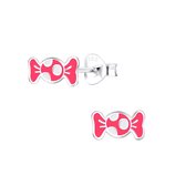 Joy|S - Zilveren snoepje oorbellen - roze met witte stipjes - 8 x 5 mm