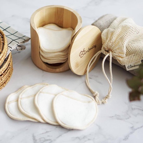 16 Herbruikbare Wattenschijfjes + Bamboe Houder - 12x Dagelijks 4x Scrub 4 laags - Wasbare Wattenschijfjes Makeup Pads Zero Waste