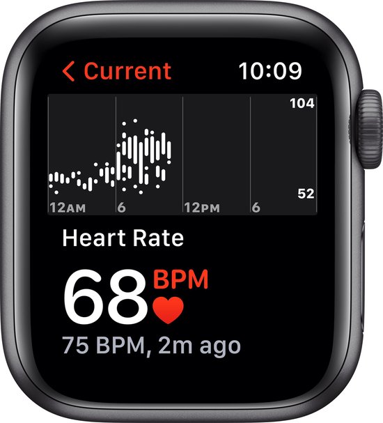 Apple Watch SE toont een hartslaggrafiek met de huidige hartslag van 68 BPM.