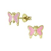 Joy|S - Zilveren vlinder oorbellen - roze glitter - 14k goudplating