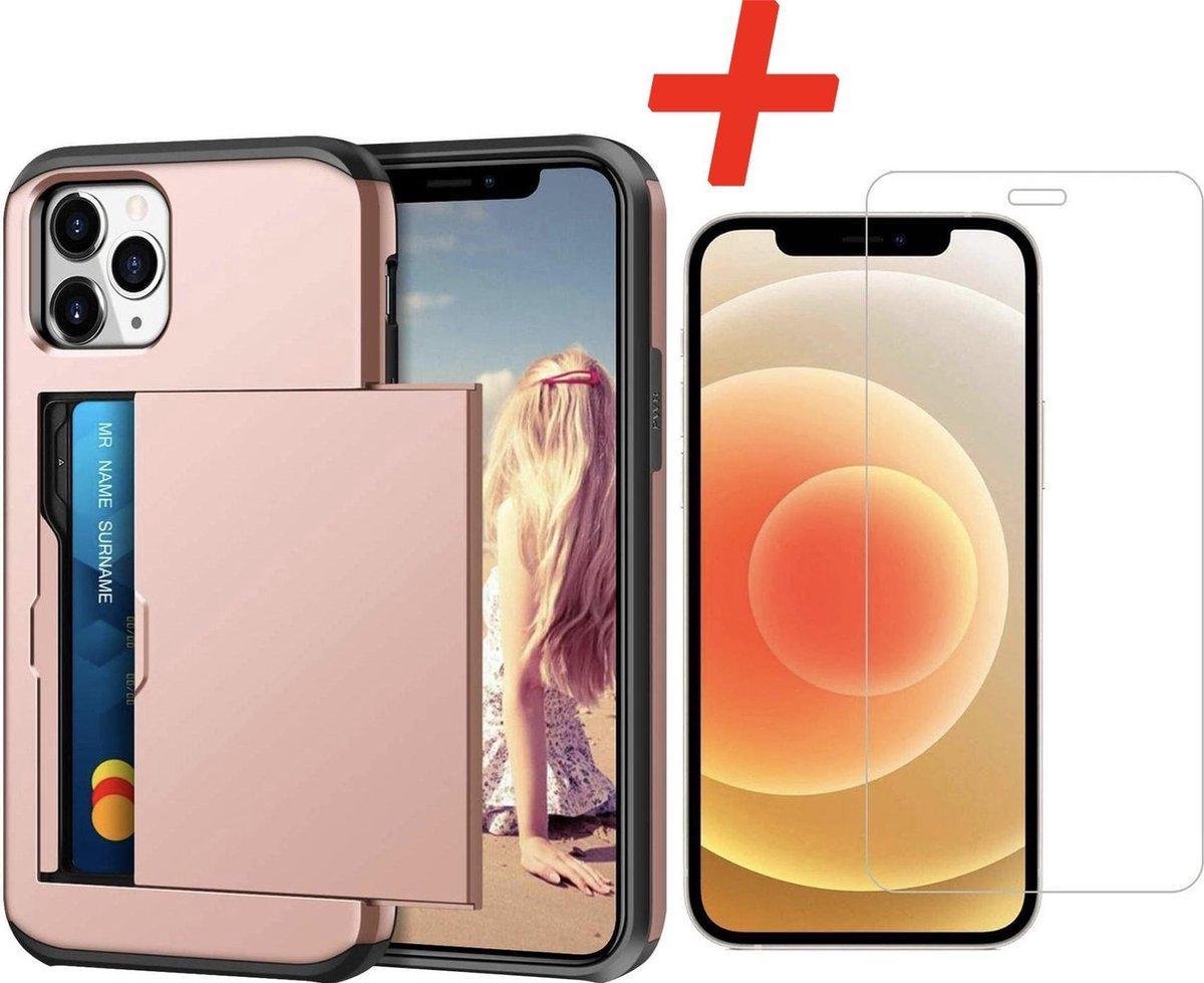 Pasjeshouder geschikt voor Apple iPhone 13 Pro - Roze - met Glazen Screenprotector