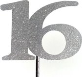 Taartdecoratie versiering| Taarttopper| Cake topper | Taartversiering| Verjaardag| Cijfers | 16 | Zilver | glitter| 14 cm| karton