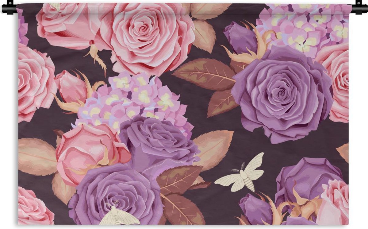 Wandkleed - Wanddoek - Bloemen - Vlinders - Paars - Roze - 120x80 cm - Wandtapijt