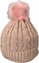 Warme Dames Muts - Beanie - Zachte Teddy Voering - Pompon - Gemêleerd - Zalm - Roze - One Size